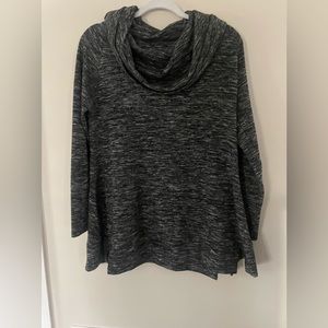 Shannon oversized pullover. Large fold over neck and black and white fabric.